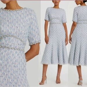 Mac Duggal Light Blue Tweed Midi Dress